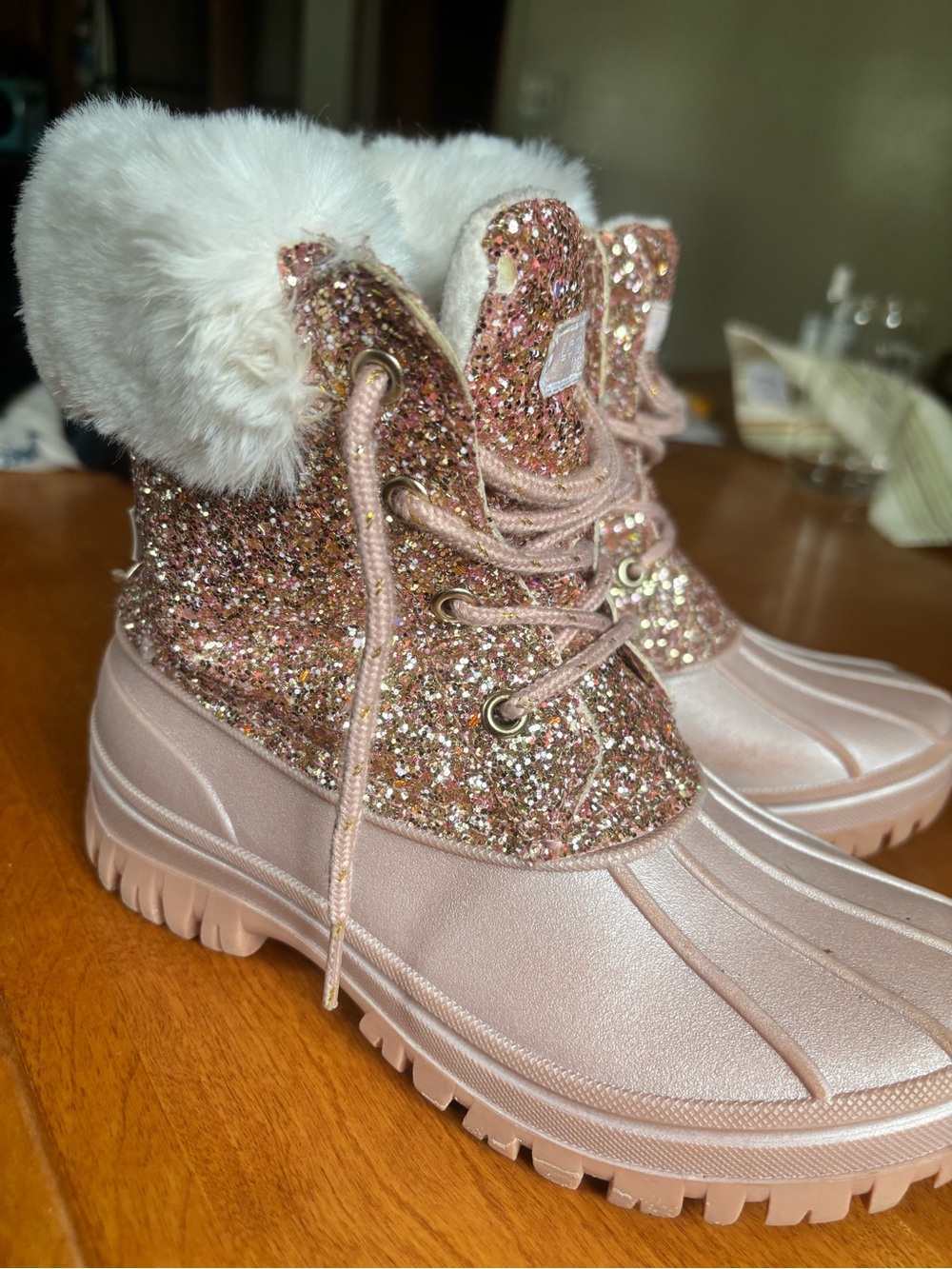London Fog Rose Gold Glitter Faux Fur Winter Boots